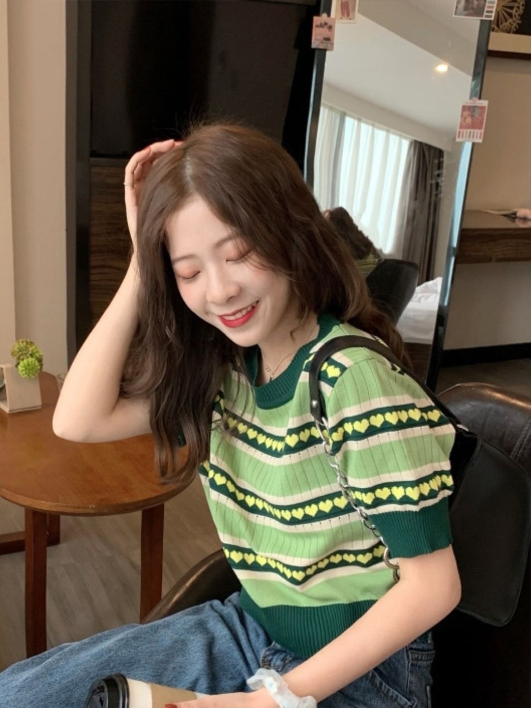 

HERE&NOW Women Striped Round Neck Short Sleeves Top, Lime green