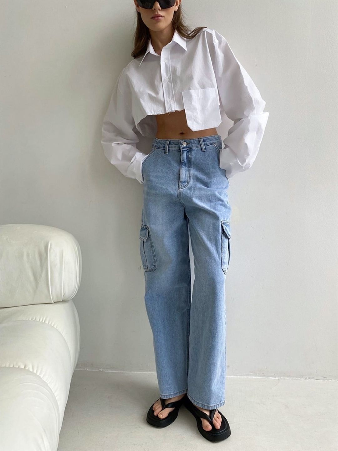 

StyleCast Women Long Sleeve Shirt Style Crop Top, White