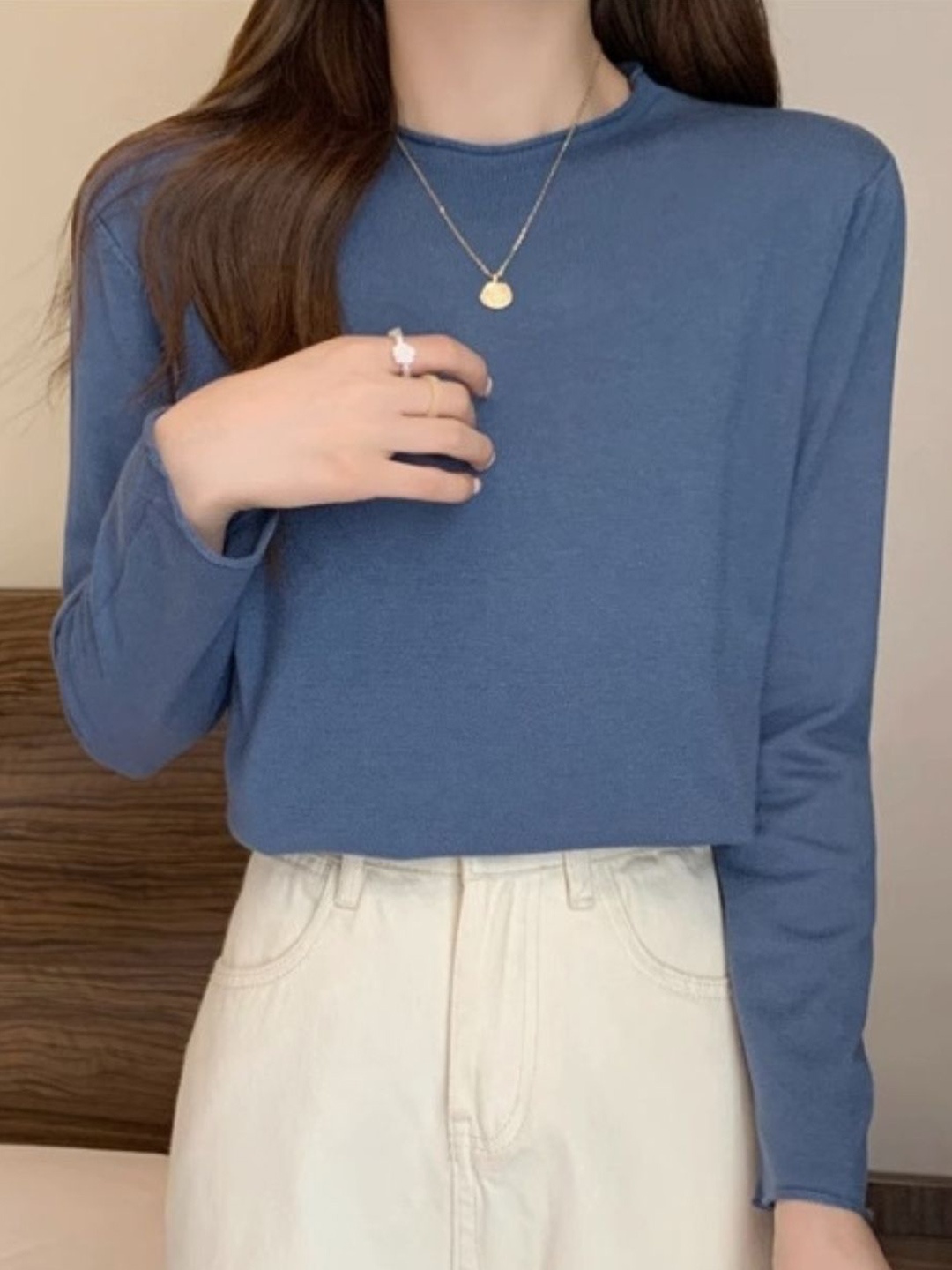 

HERE&NOW Women Round Neck Extended Sleeves Top, Navy blue