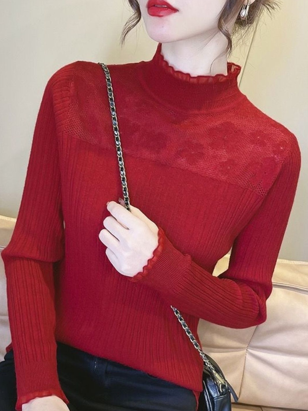 

KPOP Women High Neck Top, Red