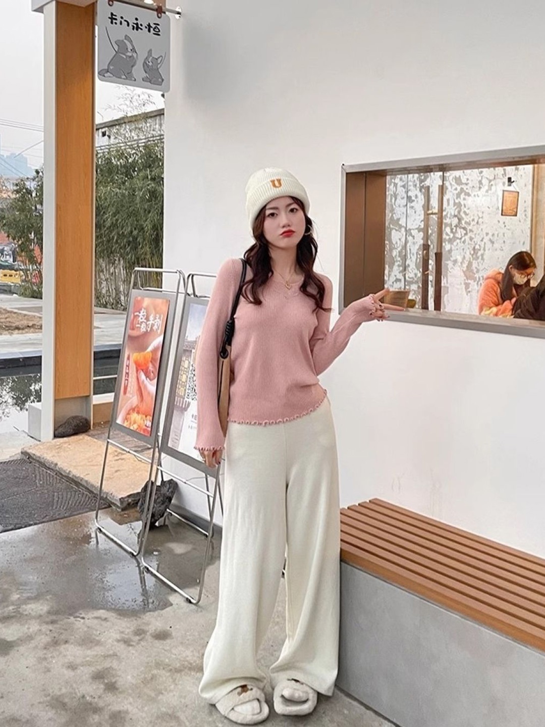 

KPOP Women V-Neck Long Sleeves Pure Cotton Top, Pink