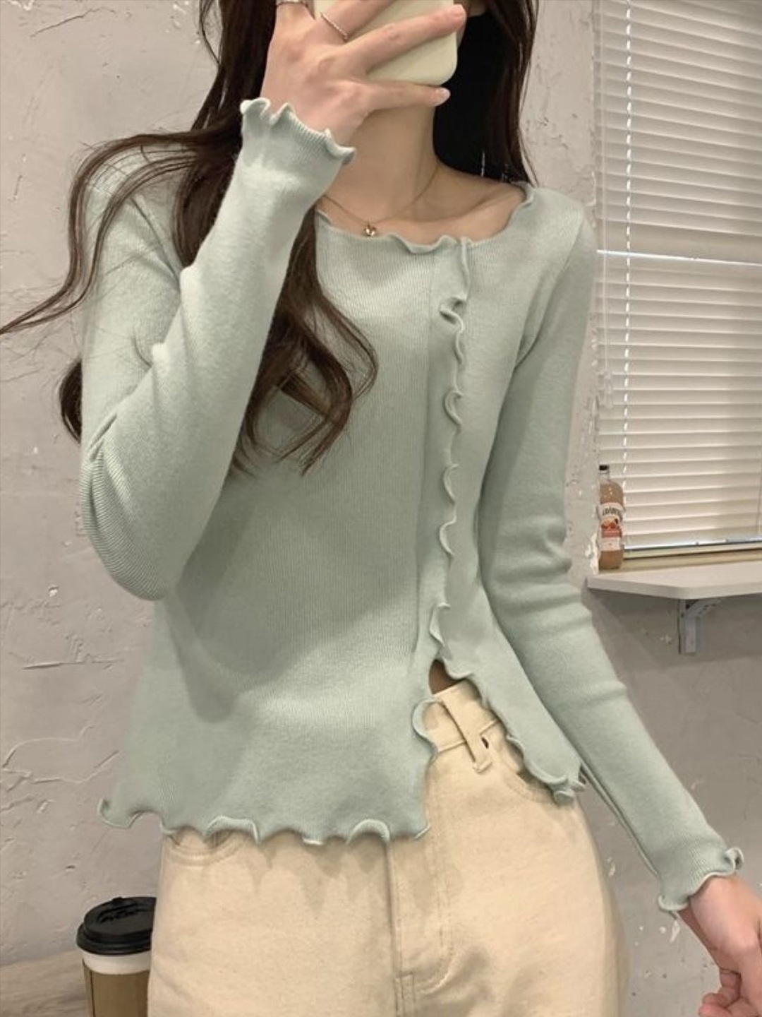 

HERE&NOW Round Neck Long Sleeves Solid Top, Green