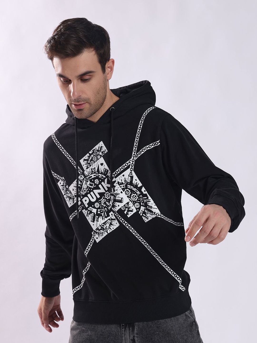 

PUNK Men Graphic Printed Hooded Sweatshirt, Black