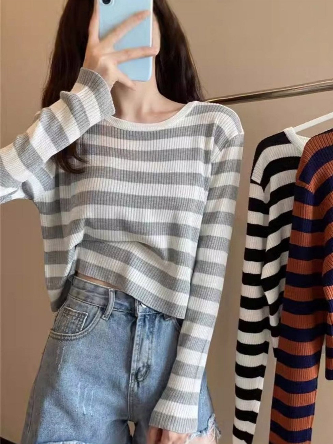 

HERE&NOW Striped Extended Sleeves Cotton Top, Grey