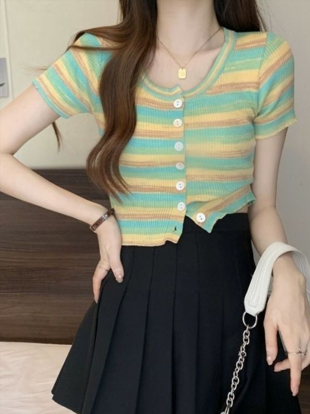 

HERE&NOW Colourblocked Woollen Short Sleeves Top, Green