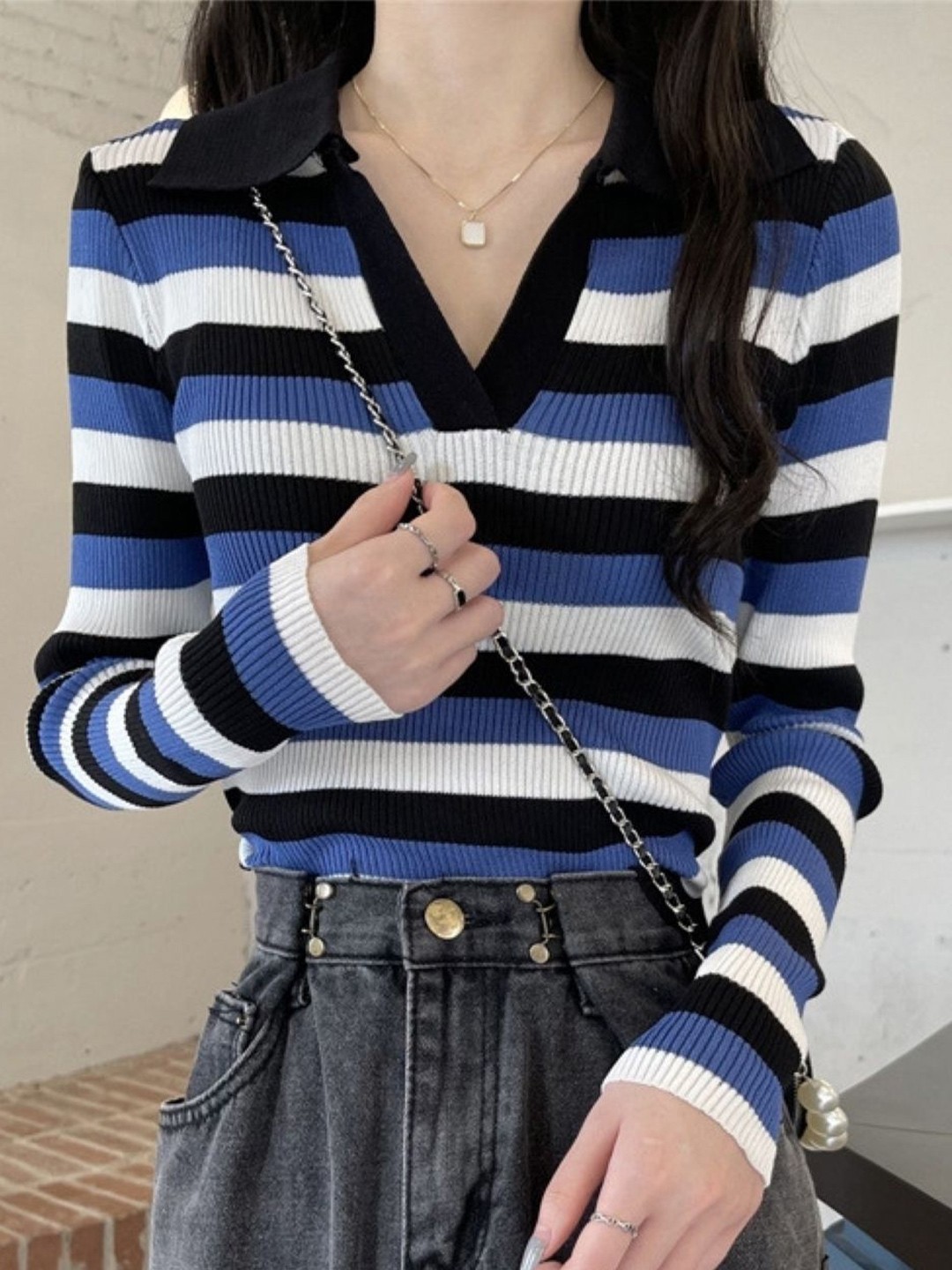 

HERE&NOW Women Shirt Collar Long Sleeves Horizontal Stripes Top, Blue