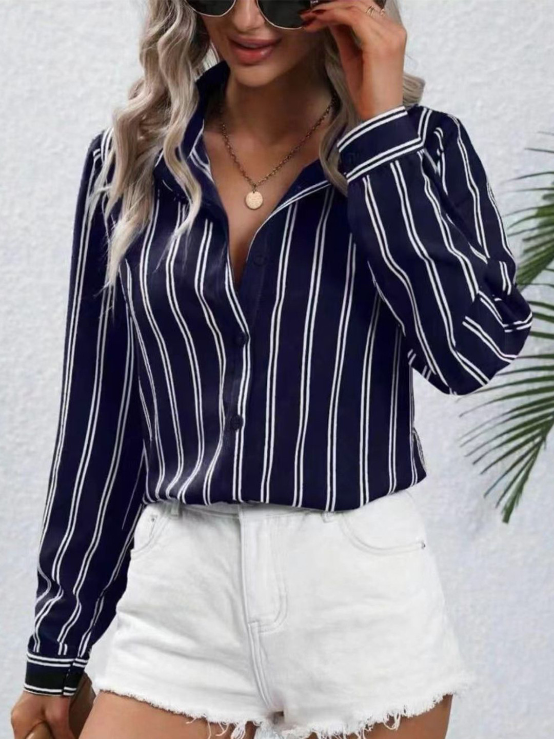 

StyleCast Women Vertical Stripes Striped Shirt Style Regular Top, Blue