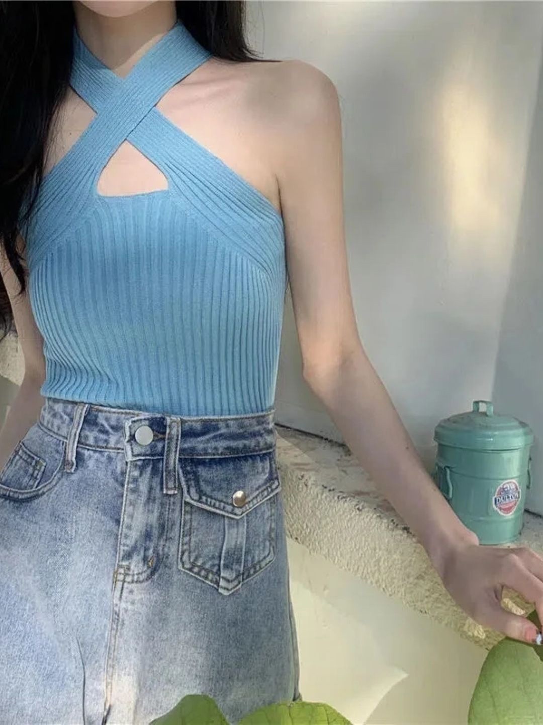 

KPOP Women Halter Neck Sleeveless Crop Top, Blue