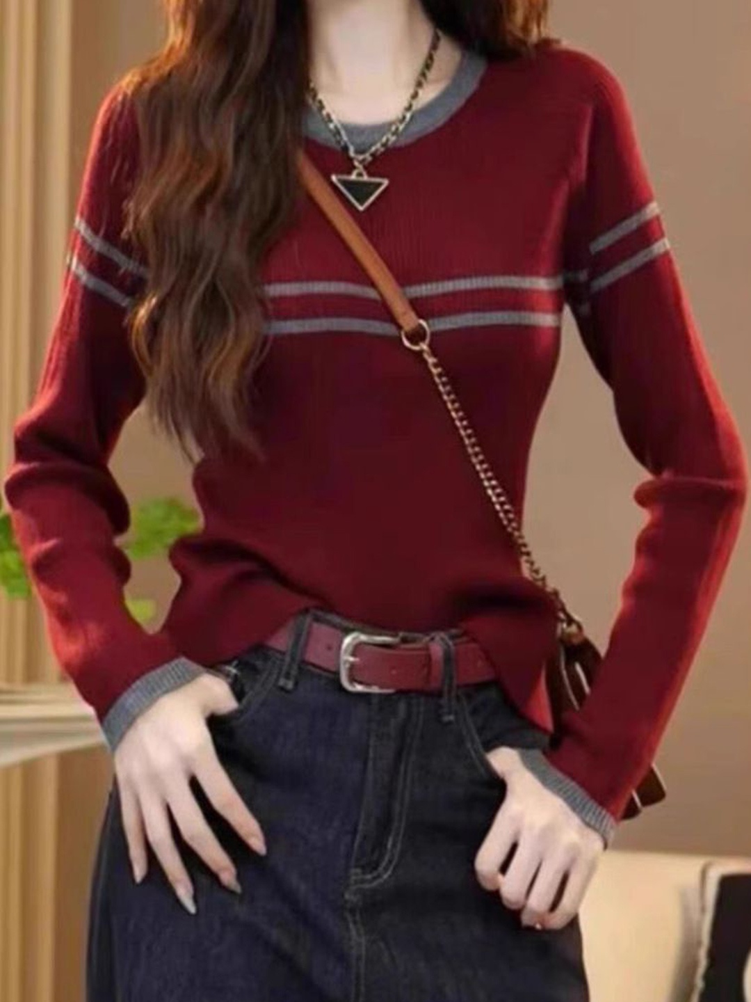 

StyleCast Women Striped Long Sleeves Pullover Sweater, Maroon