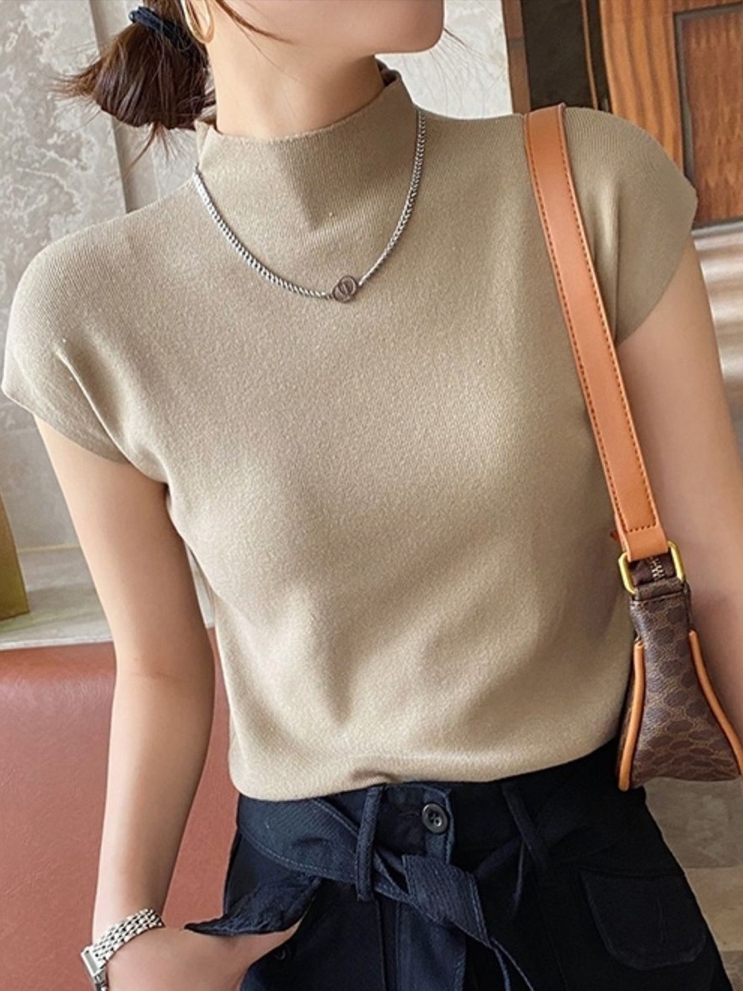 

HERE&NOW Women High Neck Top, Khaki