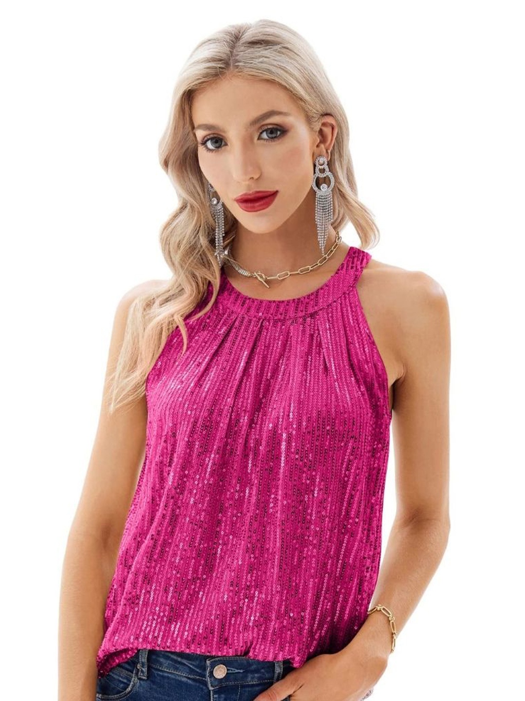 

StyleCast Women Sequinned Stripes Round Neck Sleeveless Top, Pink