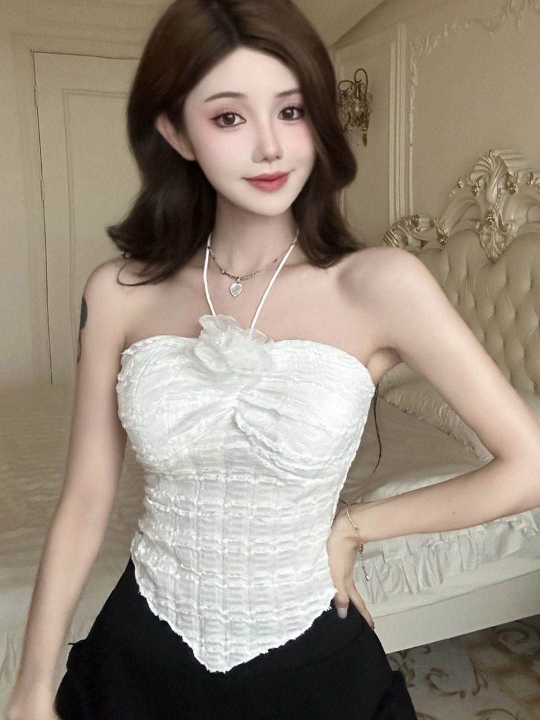 

KPOP Women Self Design Off Shoulder Neck Sleeveless Crop Top, White