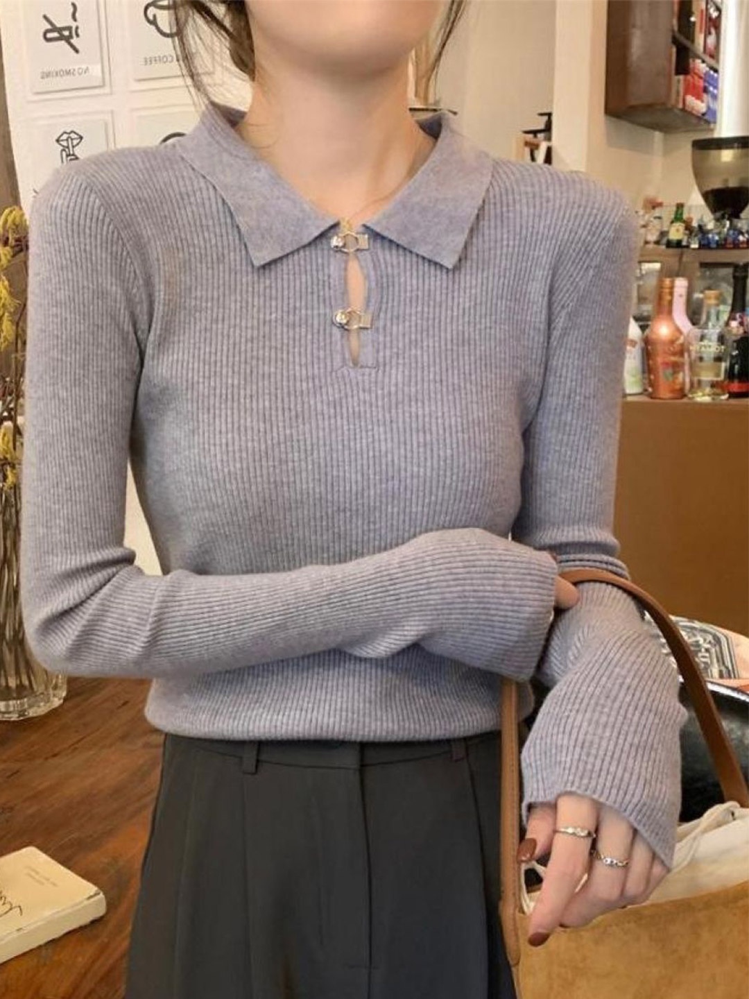

HERE&NOW Women Shirt Collar Extended Sleeves Top, Grey