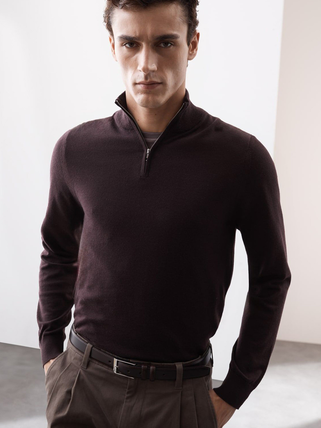 

Marks & Spencer Men Front-Open Woollen Half Zip Sweaters, Burgundy
