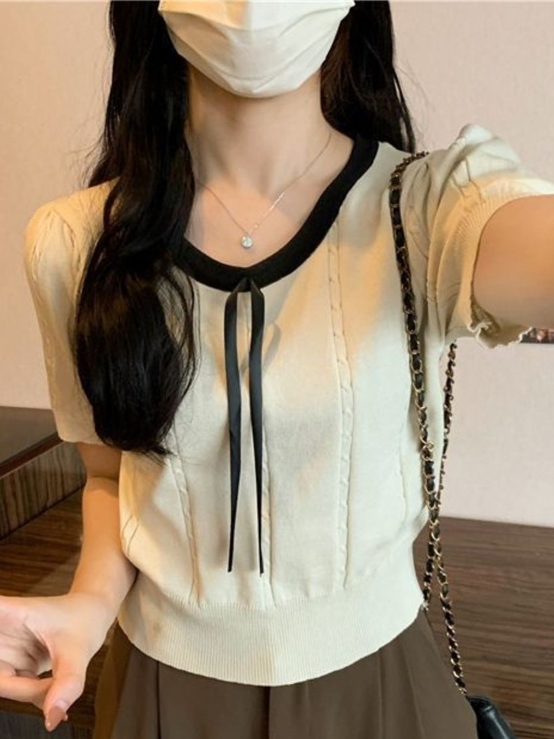 

KPOP Women Round Neck Puff Sleeves Top, Cream