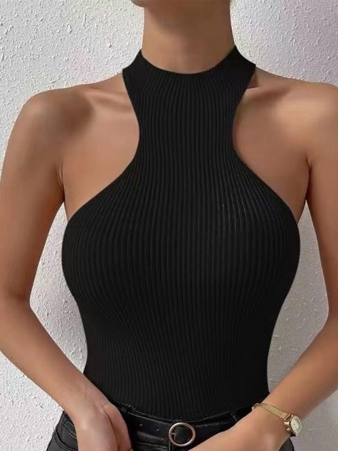 

KPOP Women Round Neck Sleeveless Top, Black