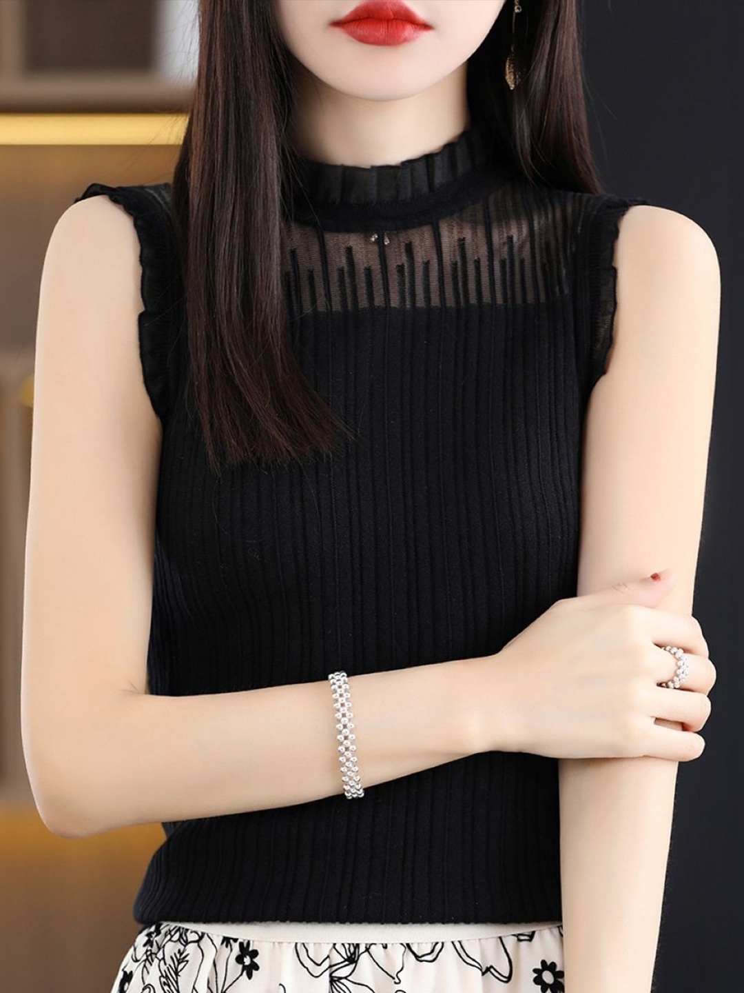 

HERE&NOW Women Mock Neck Striped Top, Black