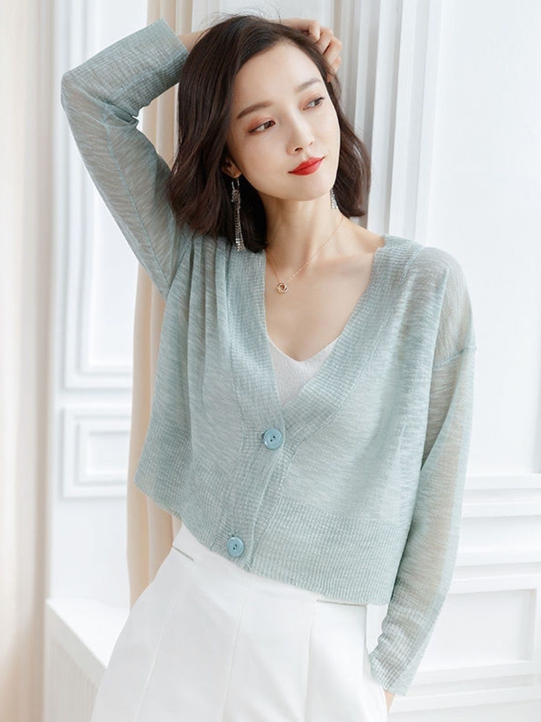 

KPOP Women V-Neck Long Sleeves Top, Blue