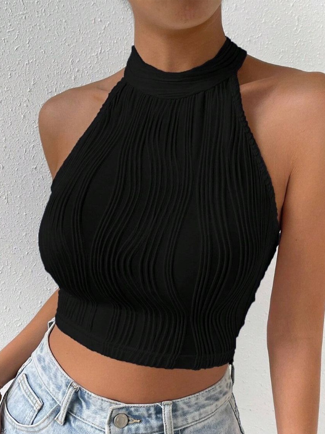 

StyleCast Women Halter Neck Striped Crop Top, Black