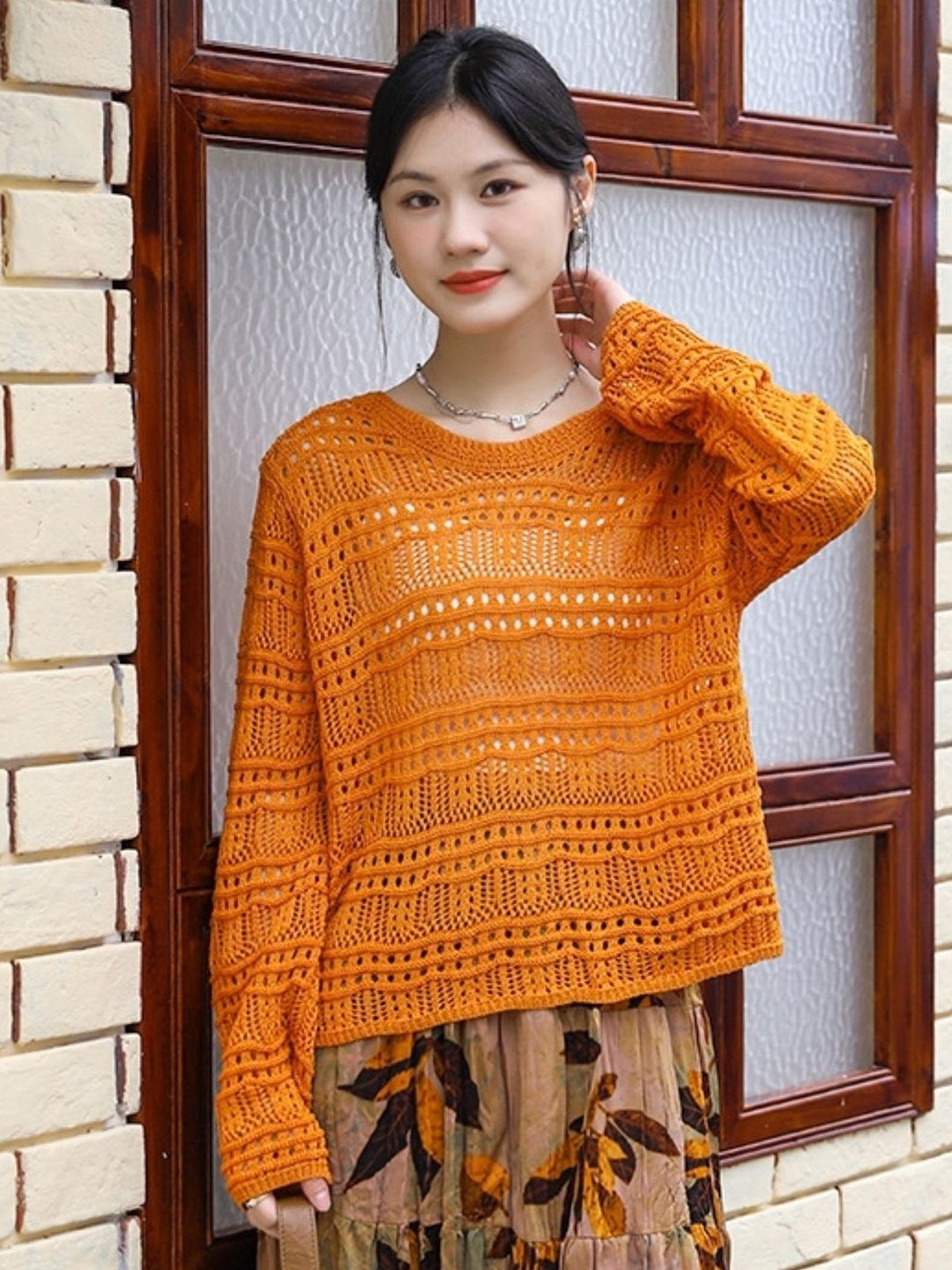 

KPOP Women Self Design Round Neck Top, Orange