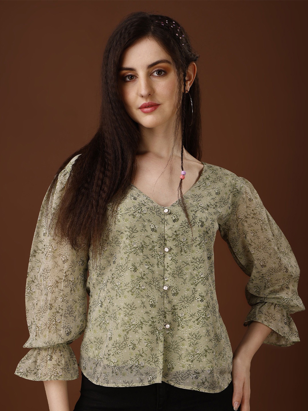 

Fashion2wear Women Floral Printed Bell Sleeve Shirt Style Top, Olive