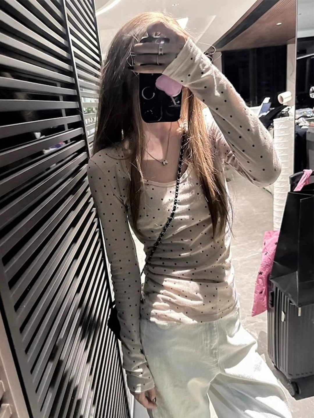 

HERE&NOW Women Polka Dot Printed Round Neck Top, Grey
