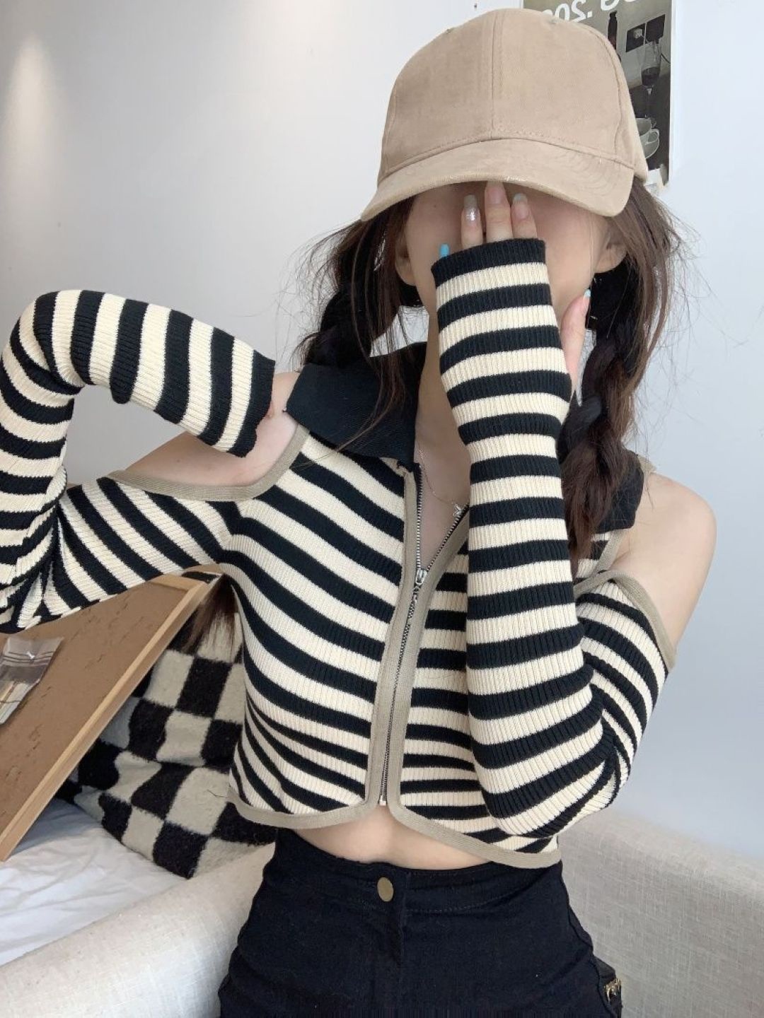 

HERE&NOW Women Striped Extended Sleeves Regular Top, Cream