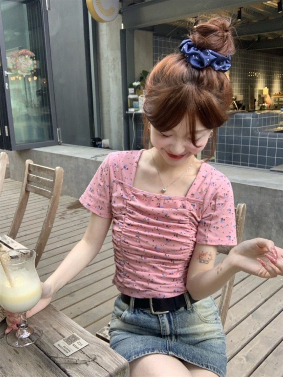 

KPOP Square Neck Short Sleeve Floral Printed Top, Pink