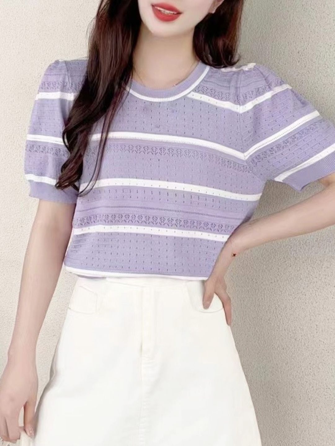 

KPOP Women Striped Top, Purple