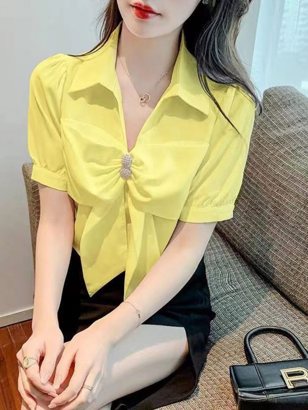 

HERE&NOW Women Shirt Collar Top, Yellow