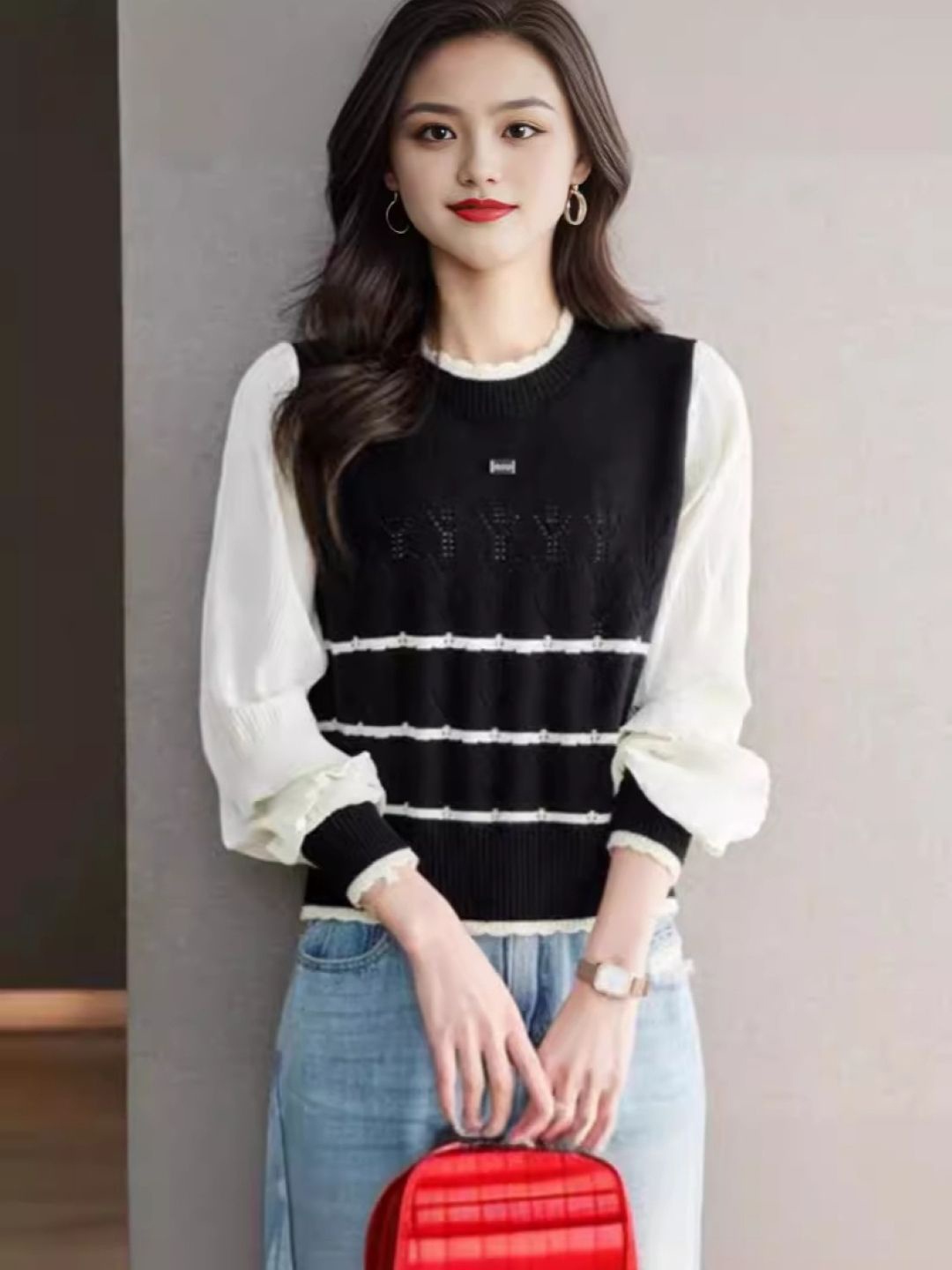 

HERE&NOW Women Striped Round Neck Top, Black