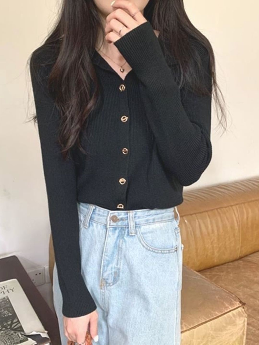 

HERE&NOW Women Shirt Collar Extended Sleeves Top, Black