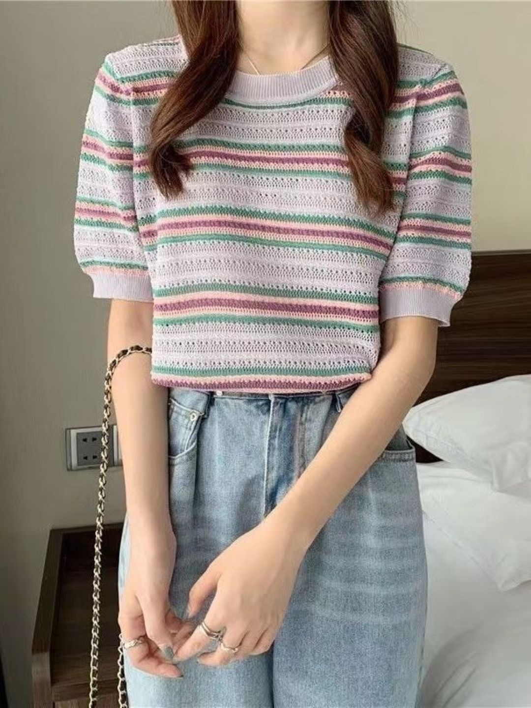 

KPOP Women Horizontal Stripes Cotton Round Neck Short Sleeves Top, Purple