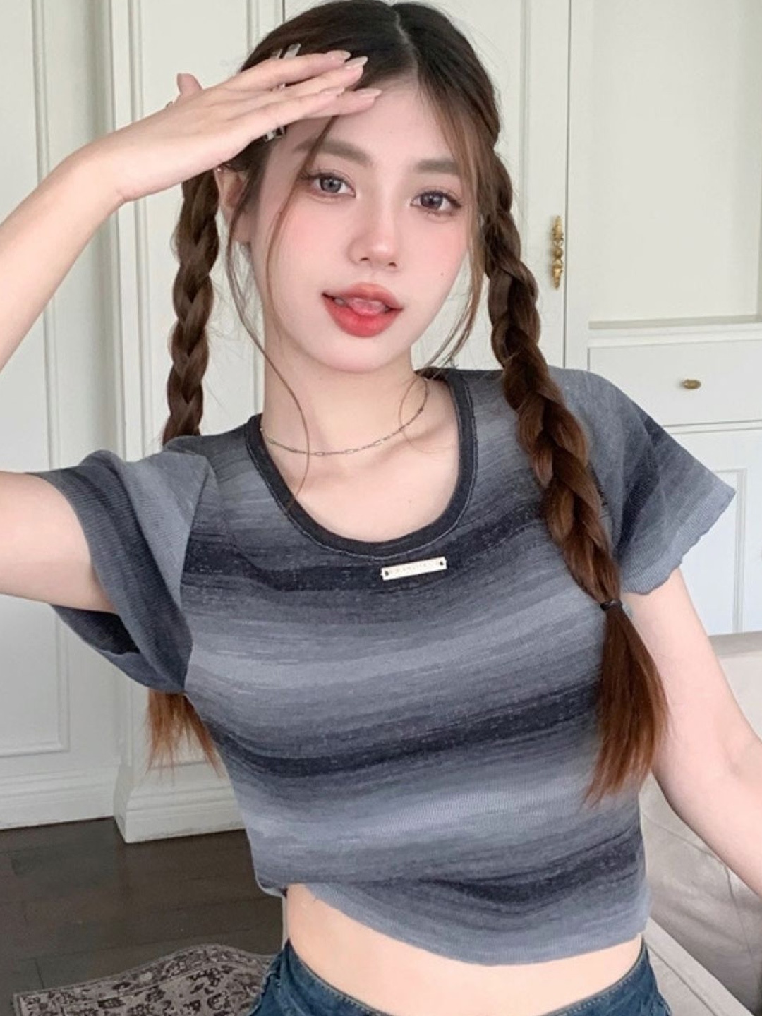 

HERE&NOW Womens Cotton Round Neck Short Sleeves Horizontal Striped Top, Grey