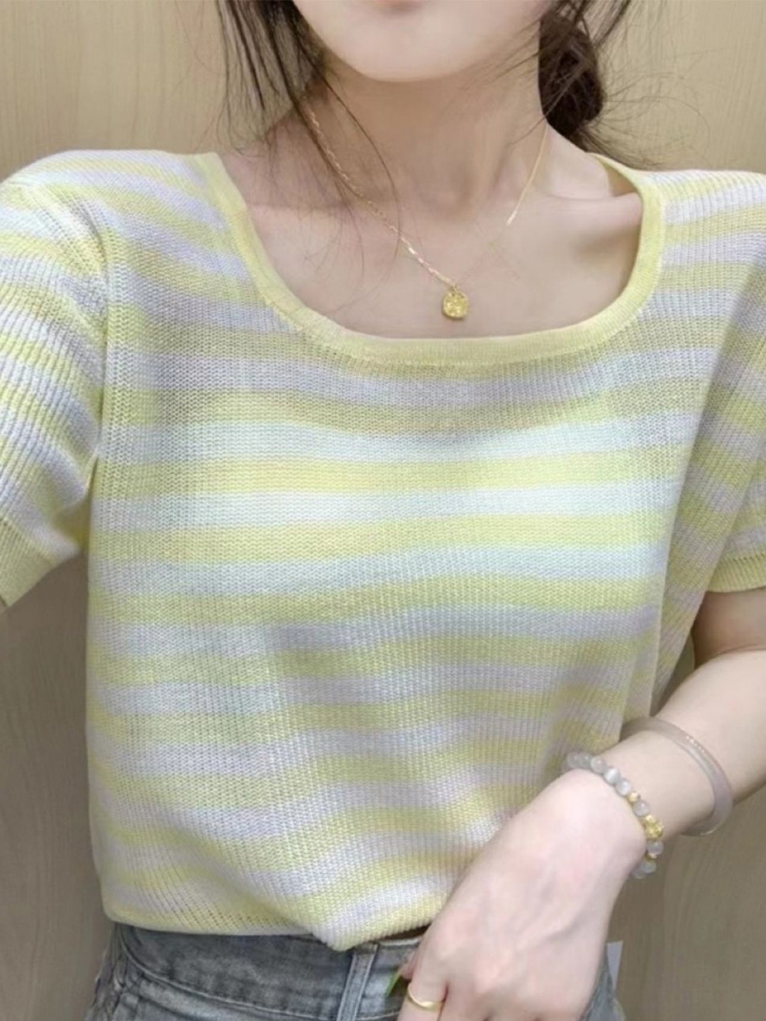 

KPOP Women Horizontal Stripes Striped Regular Top, Yellow