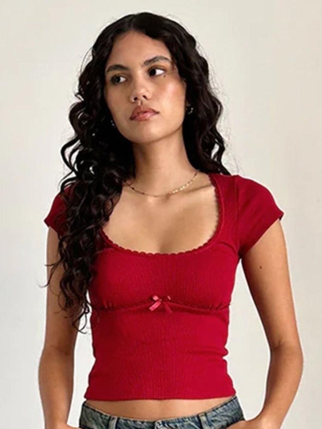 

KPOP Women Scoop Neck Crop Top, Red