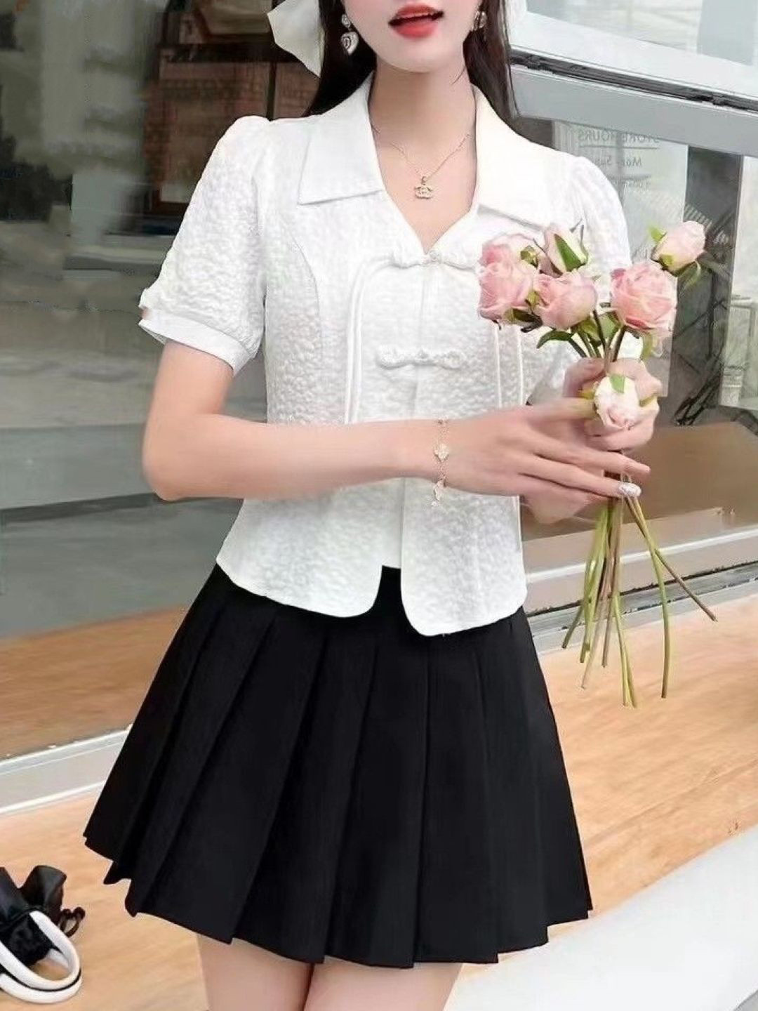

KPOP Women Shirt Collar Short Sleeves Solid Top, White