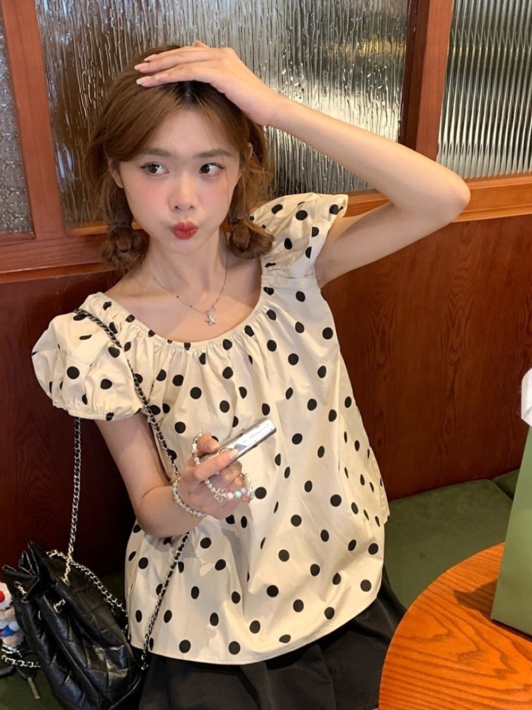 

KPOP Polka Dot Printed Puff Sleeve Top, Cream