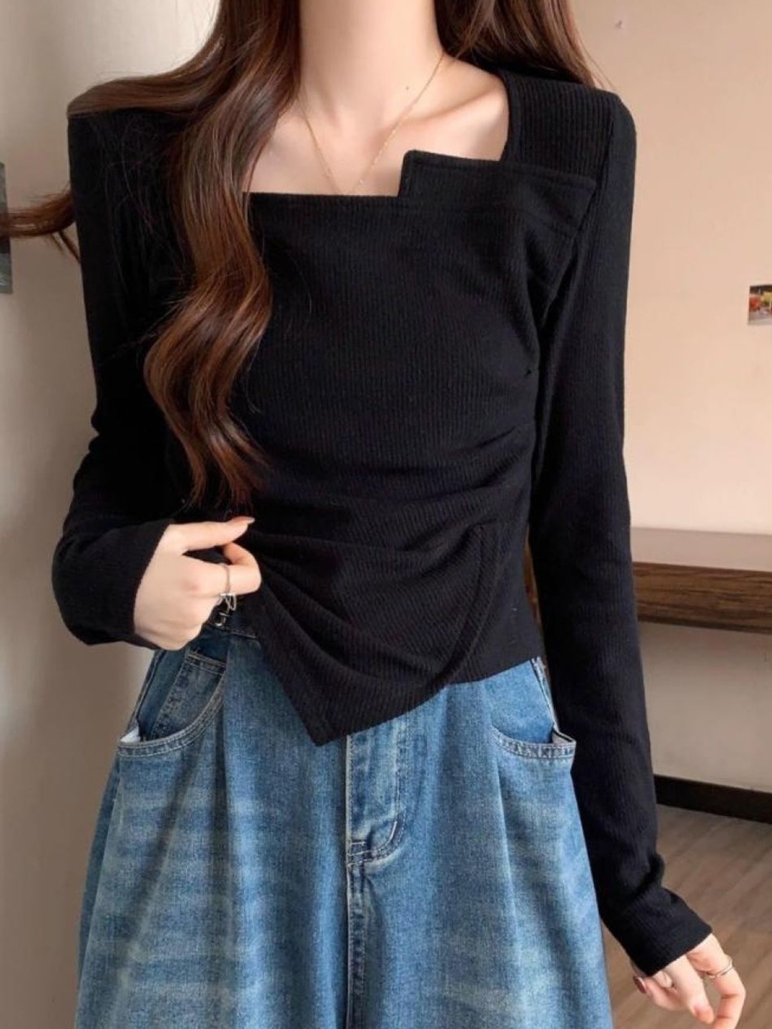 

HERE&NOW Women Asymmetric Neck Extended Sleeves Top, Black