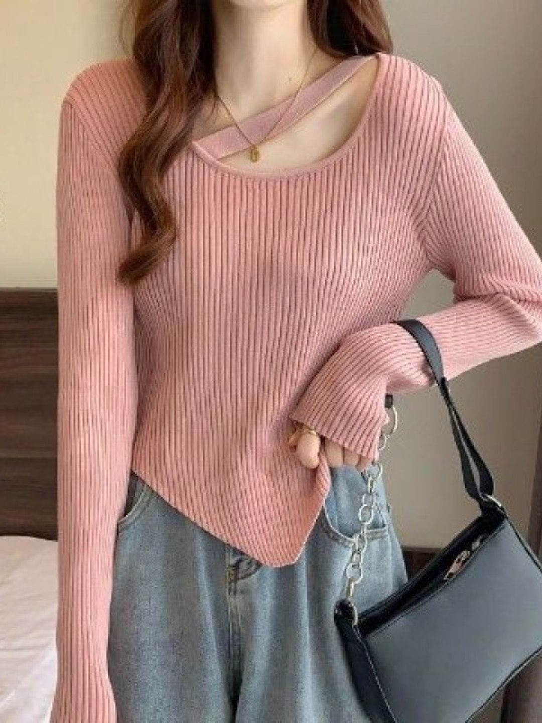 

HERE&NOW Women Round Neck Long Extended Sleeves Top, Pink