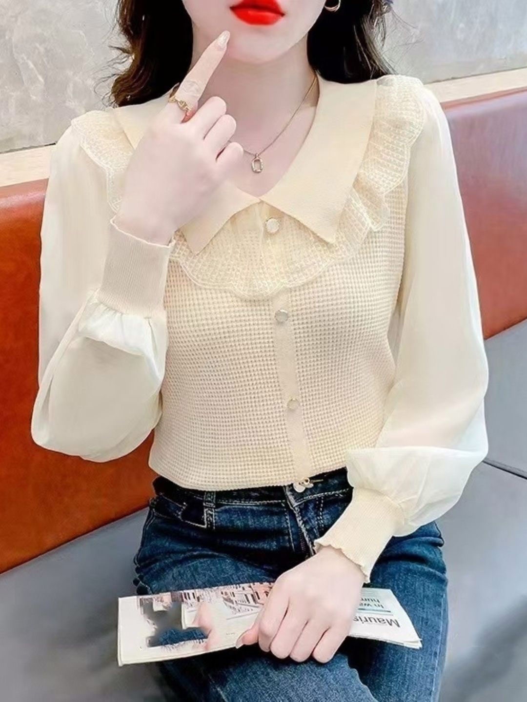 

KPOP Women V-Neck Puff Sleeves Top, Beige