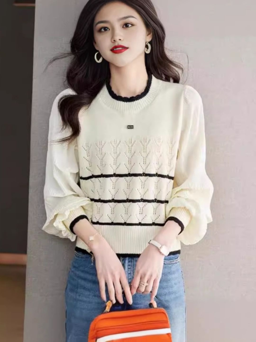 

HERE&NOW Women Round Neck Long Sleeves Horizontal Stripes Top, White