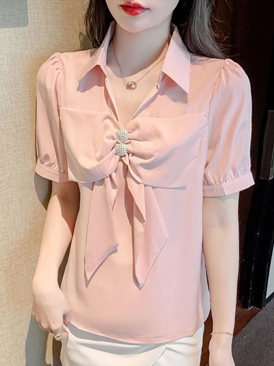 

HERE&NOW Women Shirt Collar Short Sleeves Solid Top, Pink