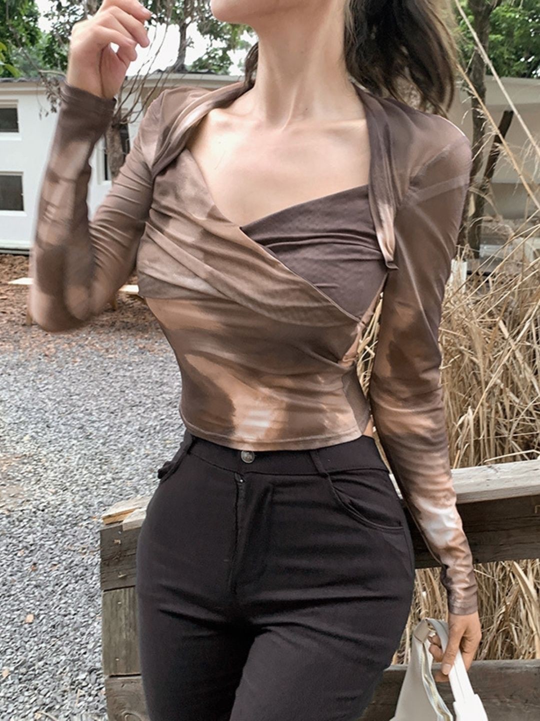 

KPOP Women V-Neck Abstract Printed Wrap Top, Brown