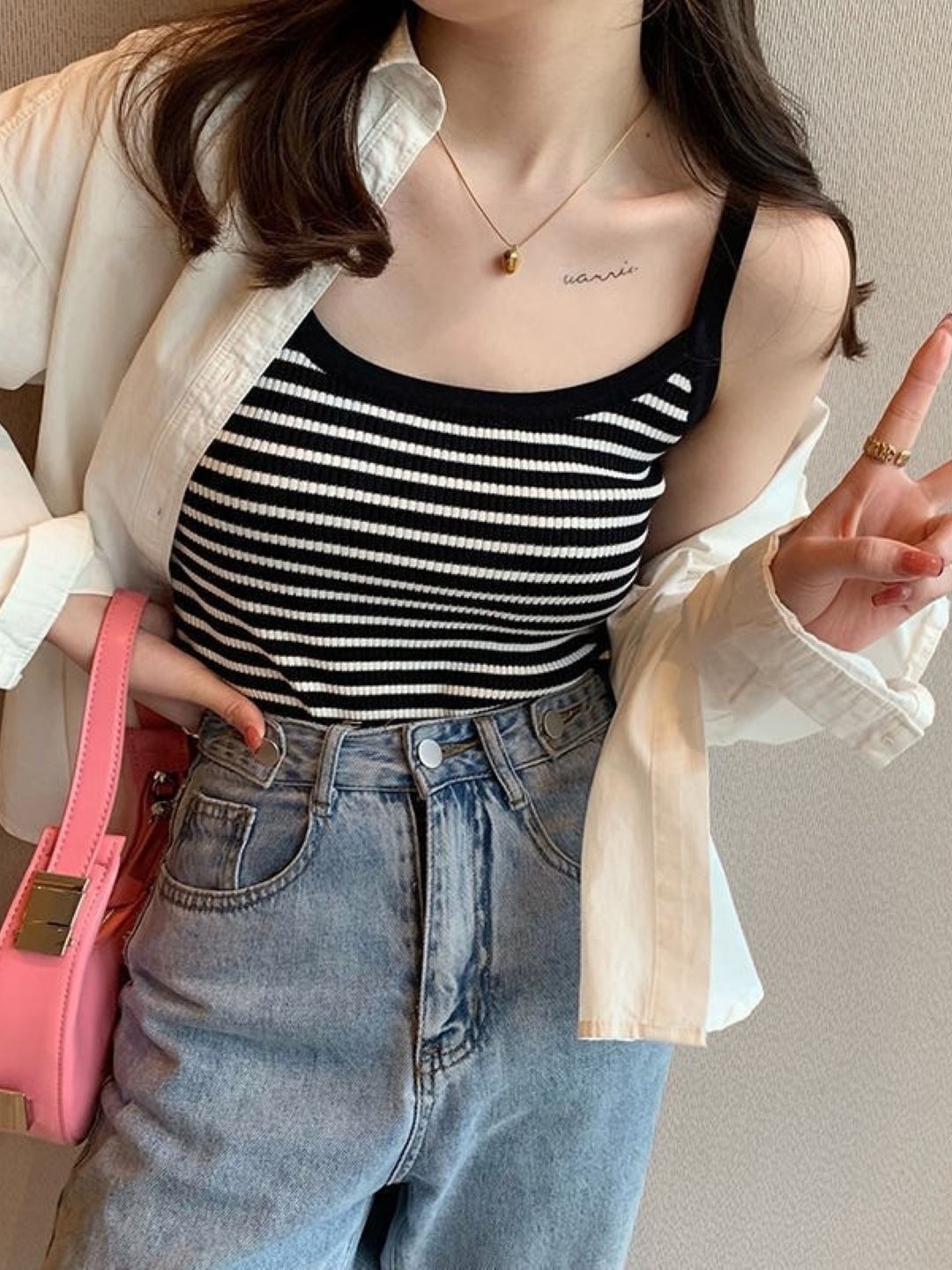 

HERE&NOW Women Shoulder Straps Striped Top, Black