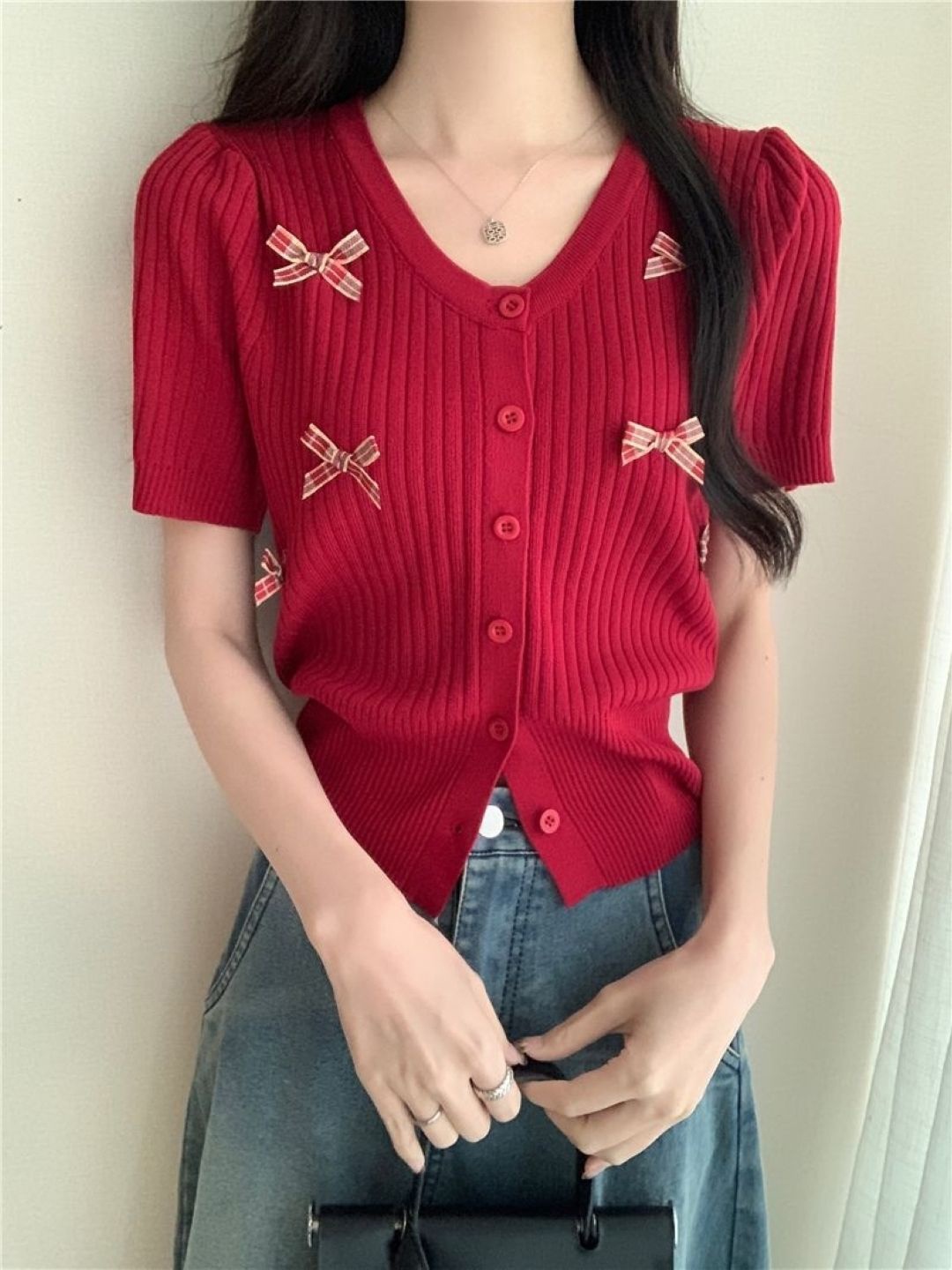 

KPOP Women V-Neck Short Sleeves Top, Red