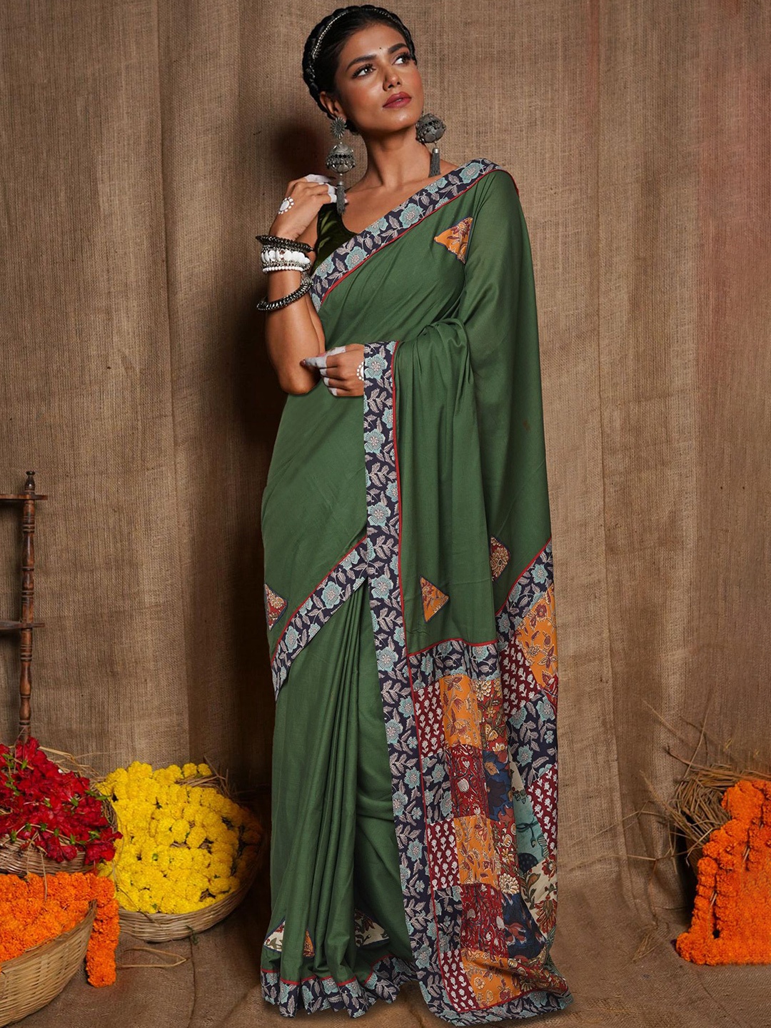 

Unnati Silks Floral Pure Cotton Block Print Saree, Green