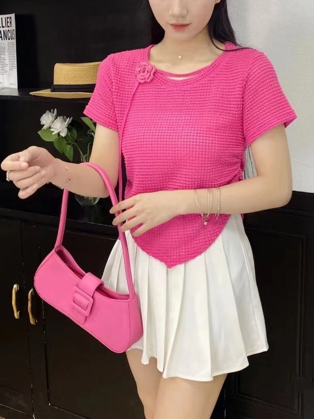 

KPOP Women Self Design Round Neck Floral Applique Top, Pink