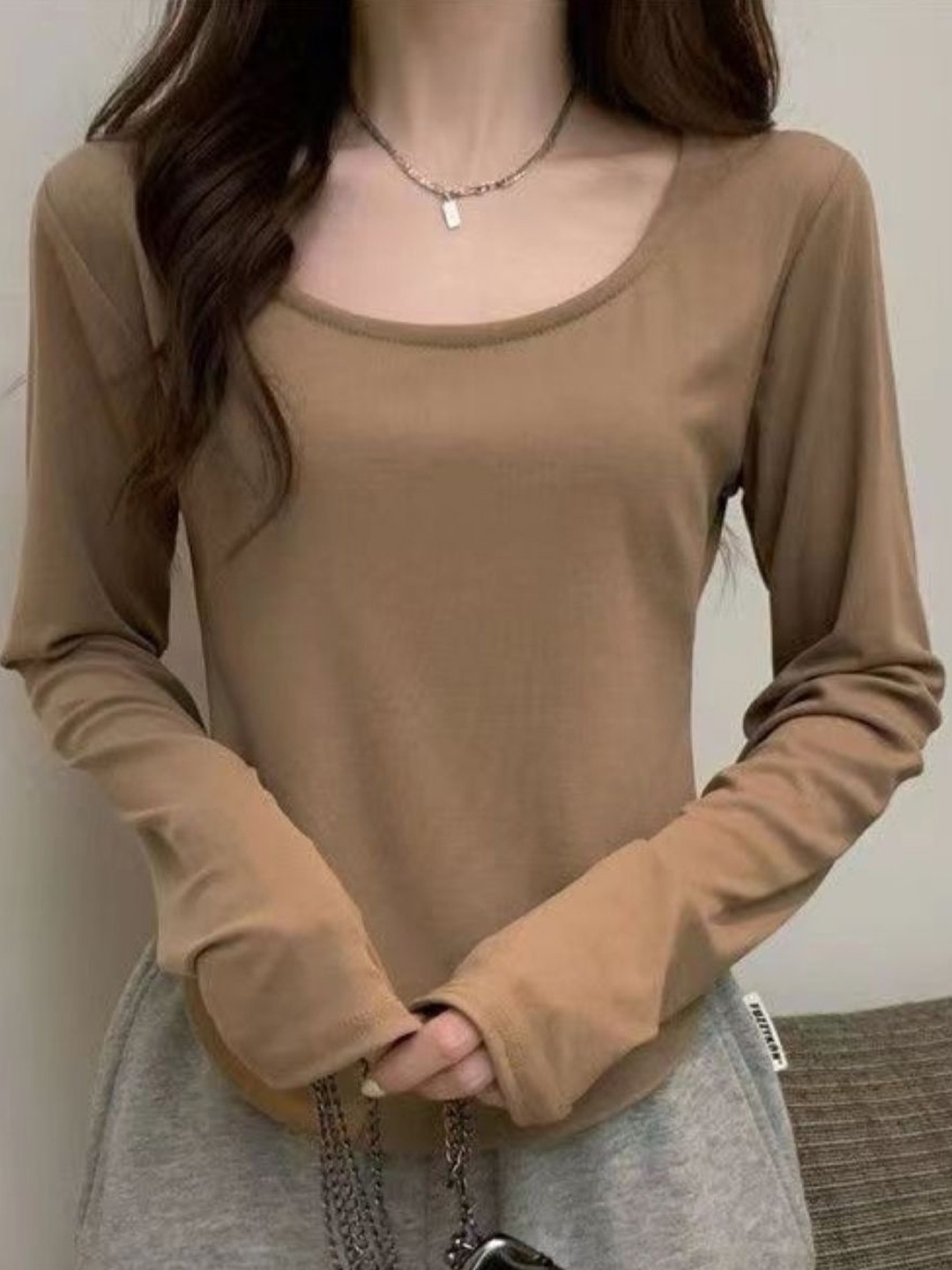 

HERE&NOW Scoop Neck Long Sleeves Top, Khaki