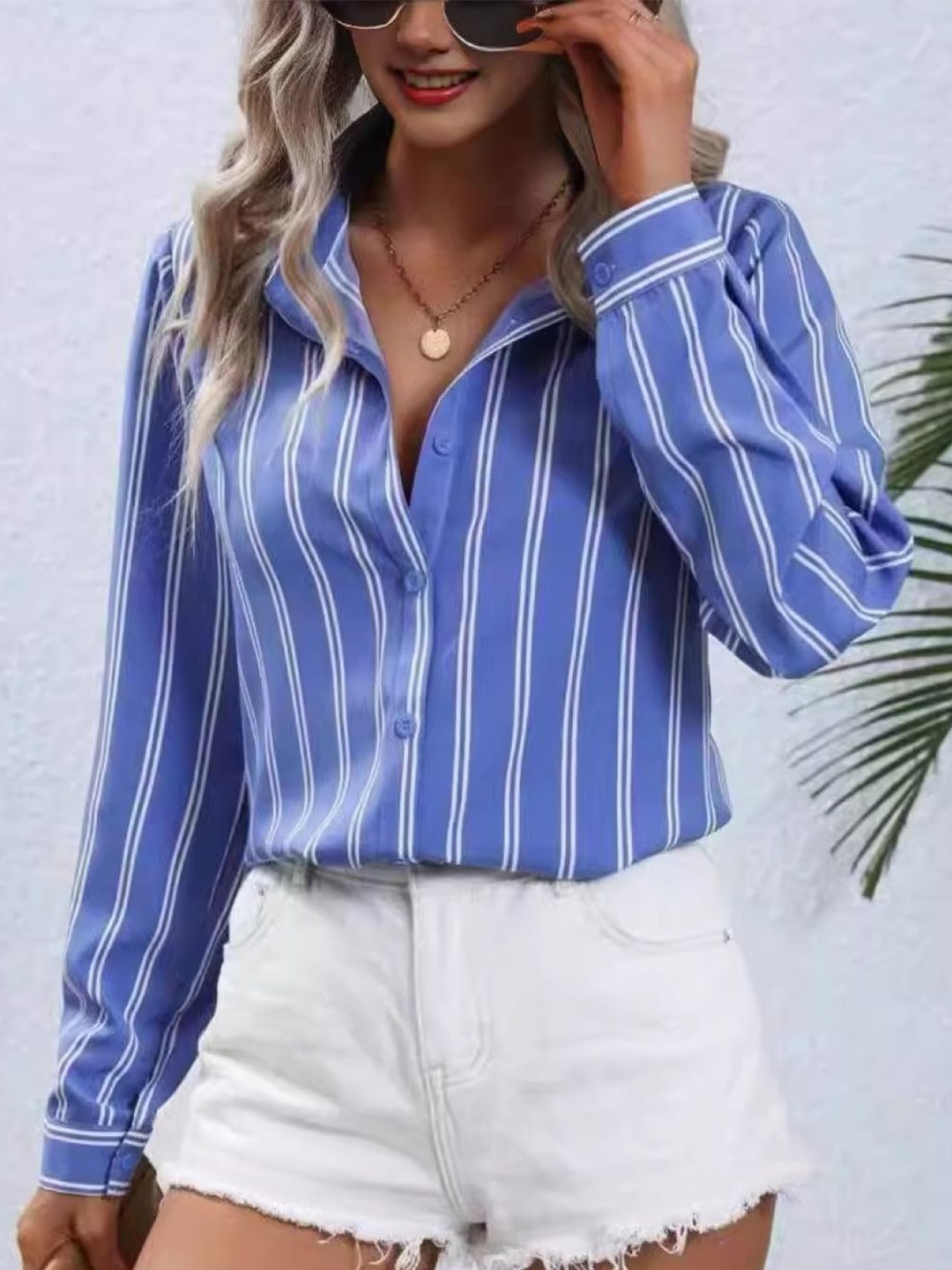 

StyleCast Women Vertical Striped Shirt Style Top, Navy blue